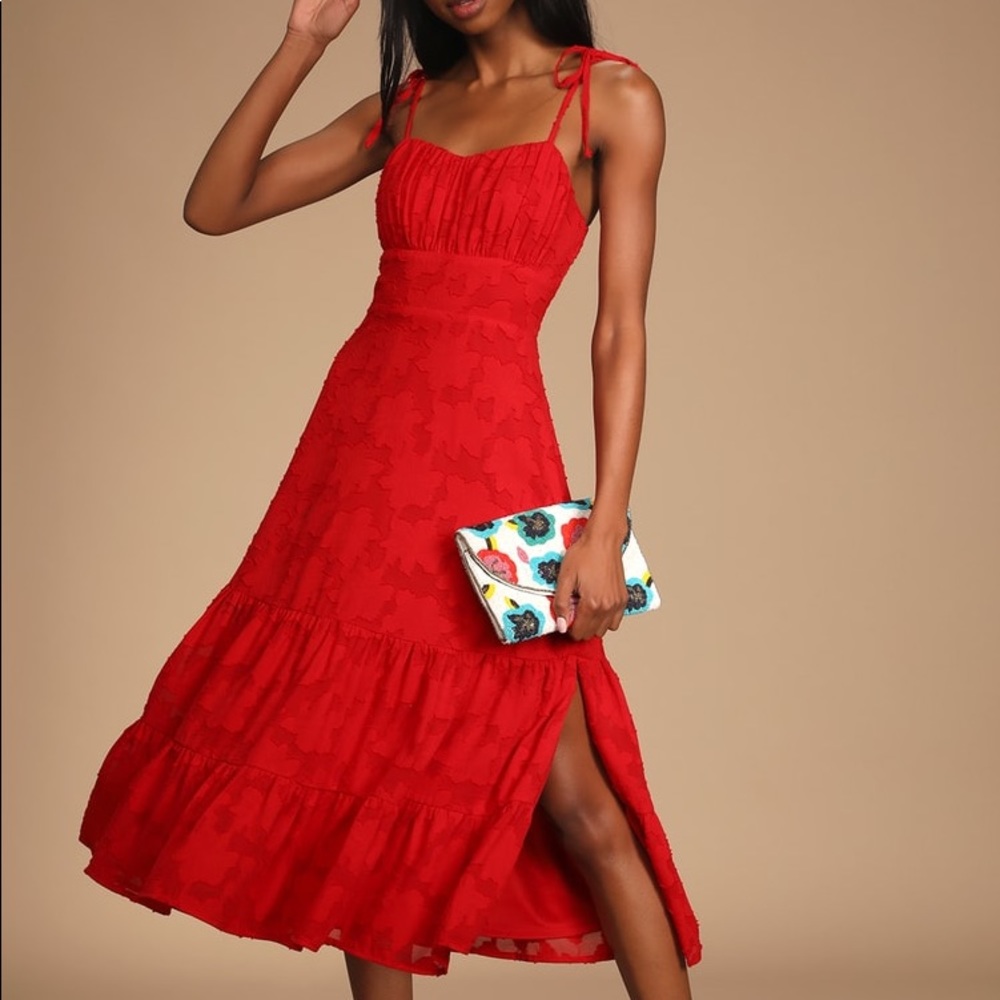 Sweet Sentiments Red Jacquard Tiered Midi Dress - Lulu’s Size Small